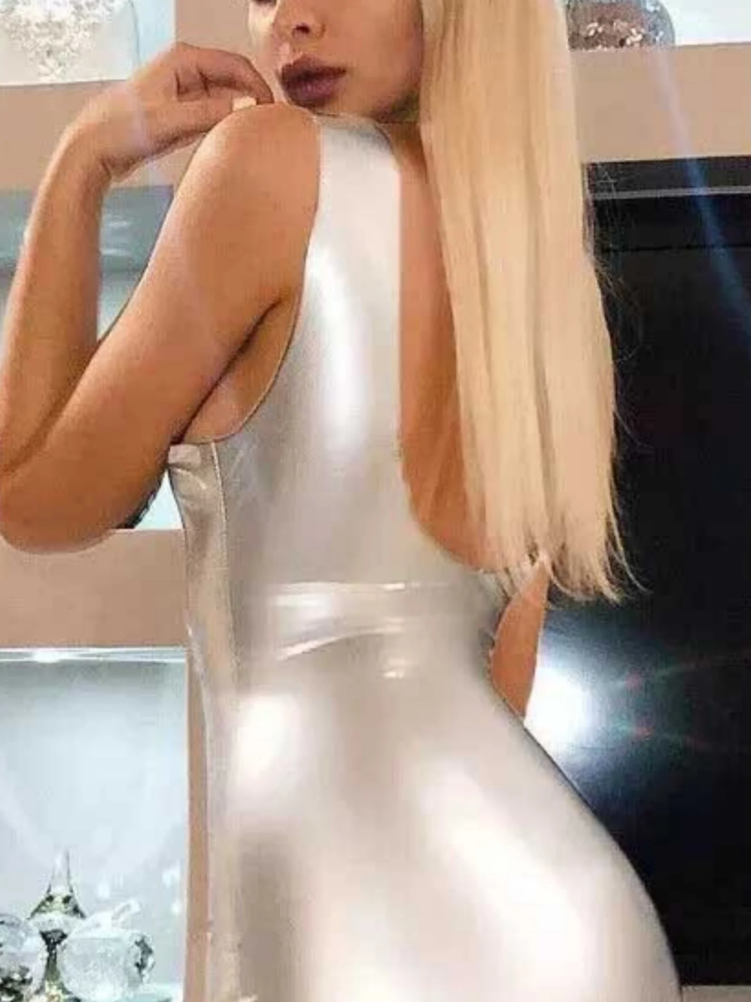 Metallic Gloss Spaghetti Strap Bodycon Mini&Short Dresses - Image 4