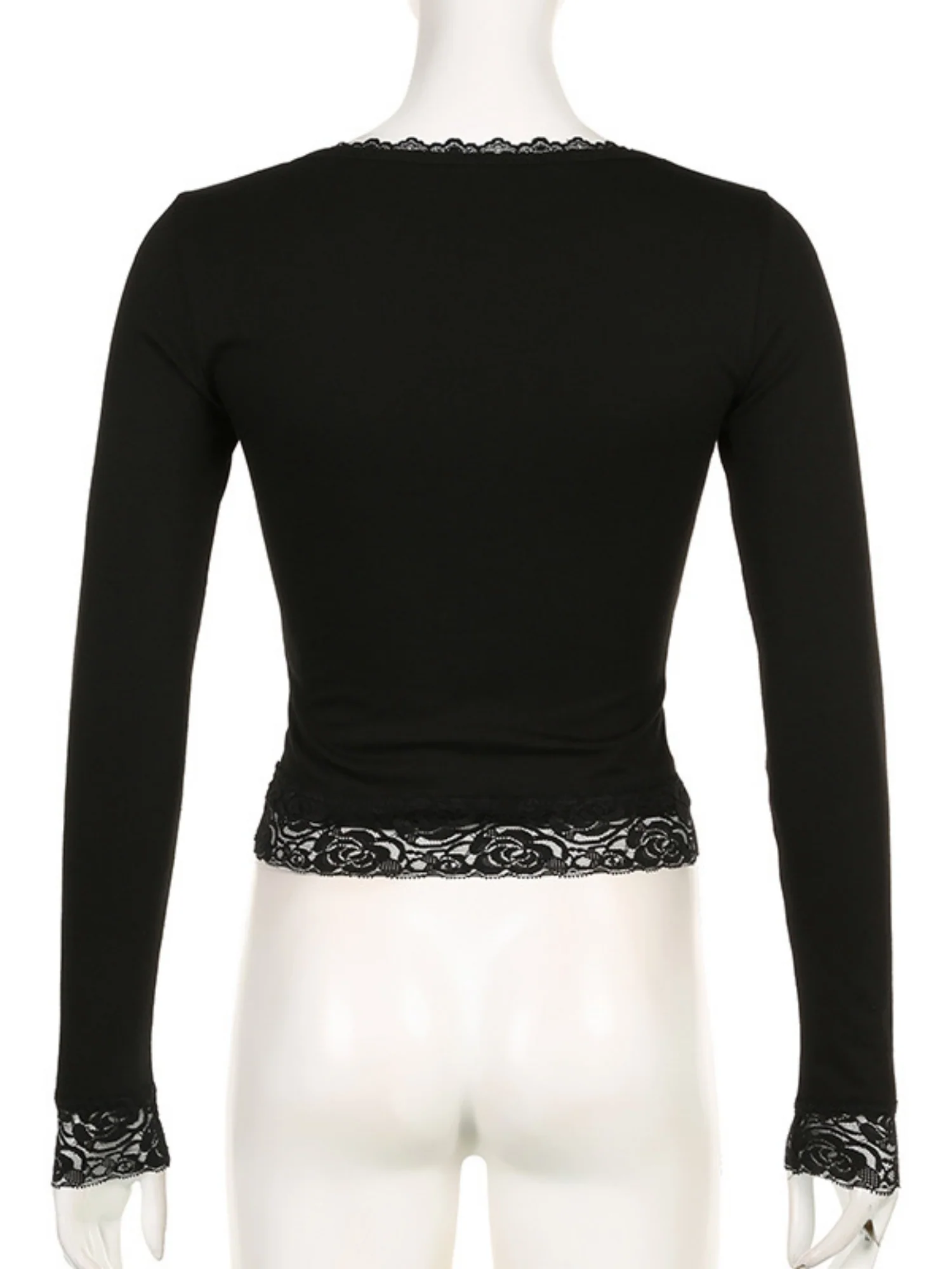 Lace Trim U-neck Long Sleeve Slimming Crop Top - Image 5