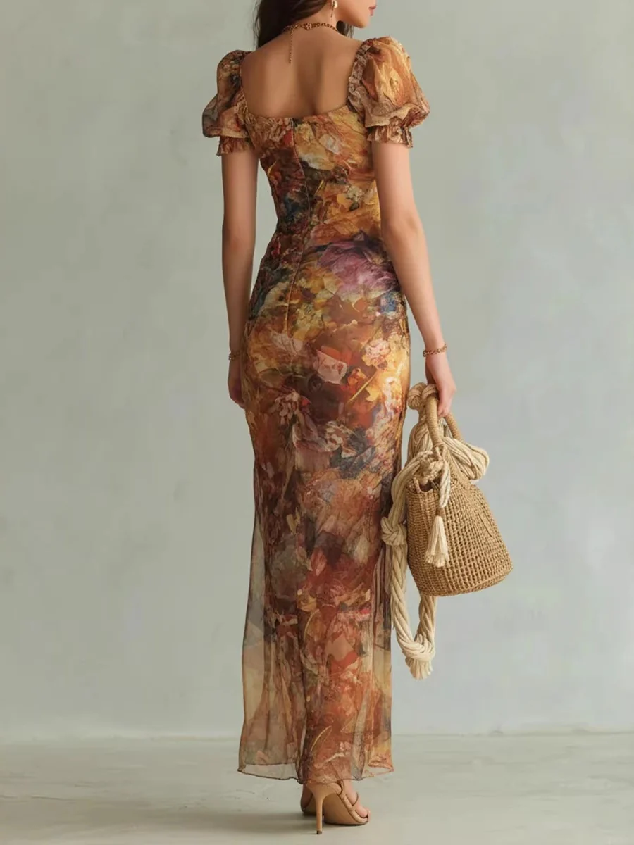 Floral V-neck Fitted Waist Ruffled Long Dress - Image 2