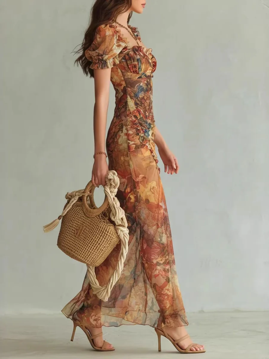 Floral V-neck Fitted Waist Ruffled Long Dress - Image 3