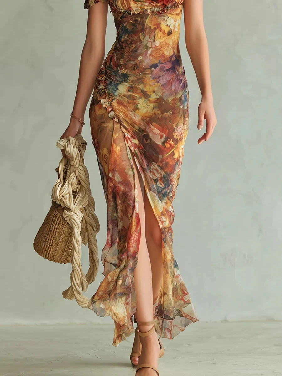 Floral V-neck Fitted Waist Ruffled Long Dress - Image 5