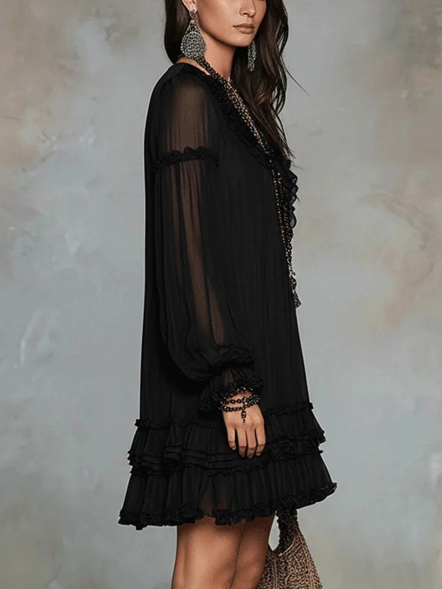 V-neck, Fitted Waist, Ruffled Trim Midi Dresses - Image 3