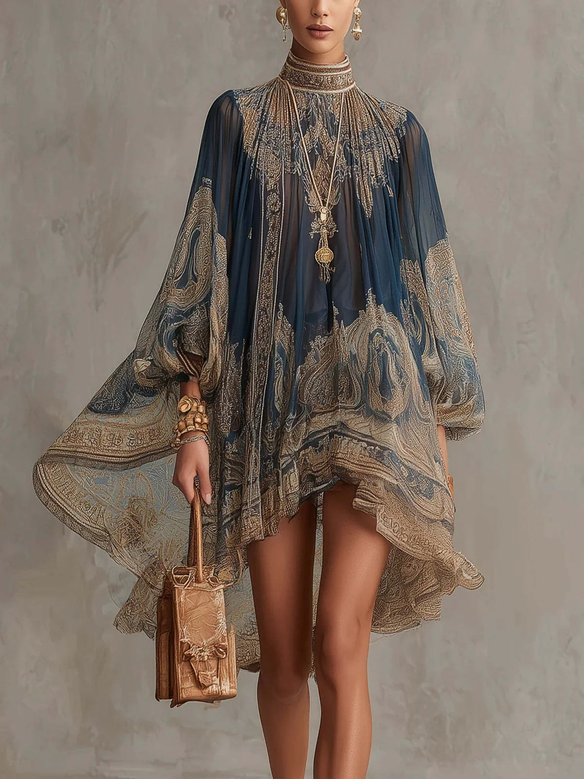 High-neck Printed Chiffon Loose-fitting Resort-style Shawl Long-sleeved Short Dress