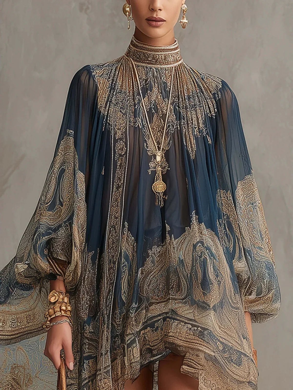 High-neck Printed Chiffon Loose-fitting Resort-style Shawl Long-sleeved Short Dress - Image 4