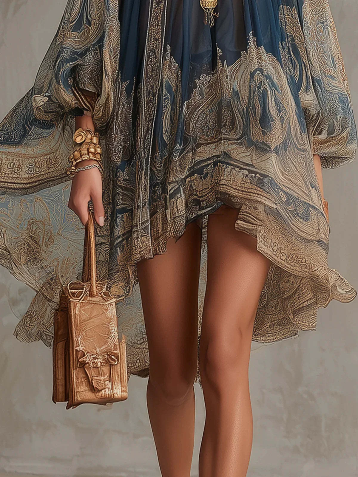 High-neck Printed Chiffon Loose-fitting Resort-style Shawl Long-sleeved Short Dress - Image 5