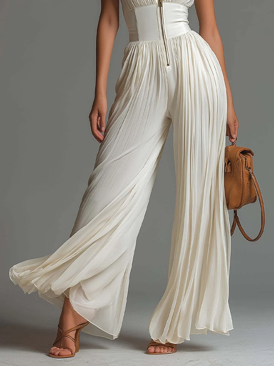 White Pleated Halter Jumpsuit - Image 4