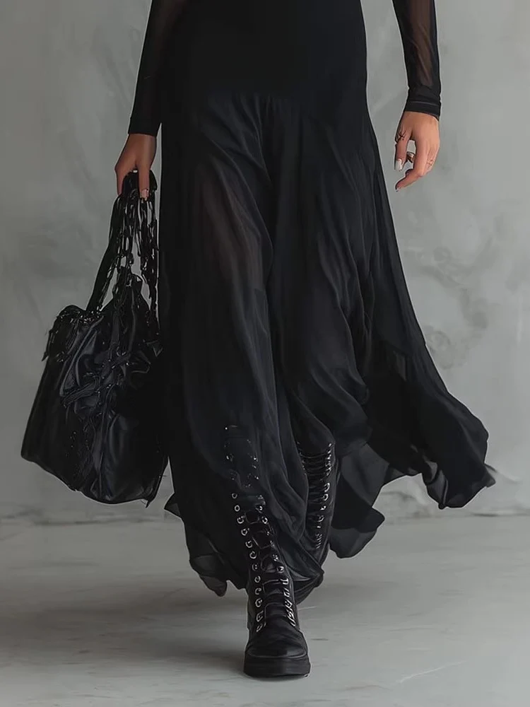 Pleated Mesh Patchwork Long Dress - Image 3