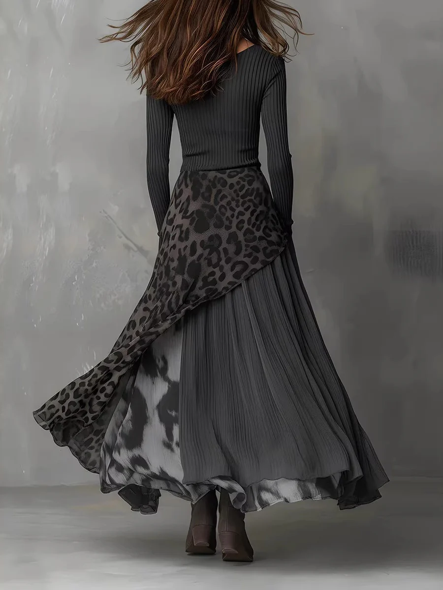 Black Long-sleeved Printed Irregular Design Round Neck Long Dress - Image 2