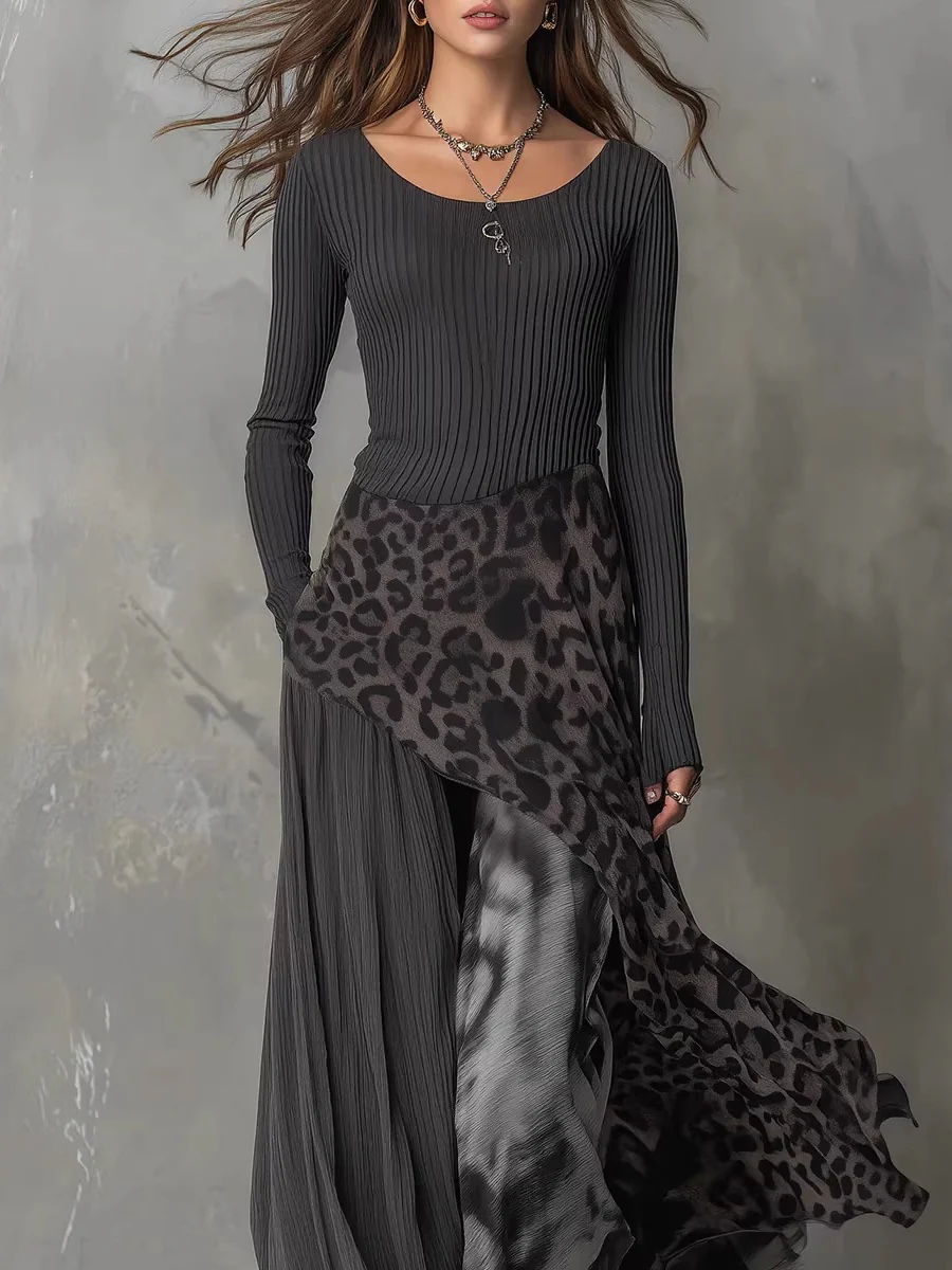 Black Long-sleeved Printed Irregular Design Round Neck Long Dress - Image 3