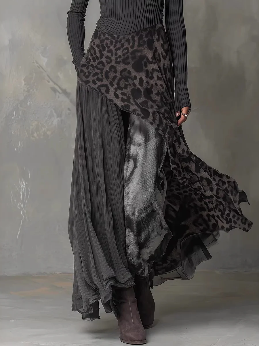 Black Long-sleeved Printed Irregular Design Round Neck Long Dress - Image 4