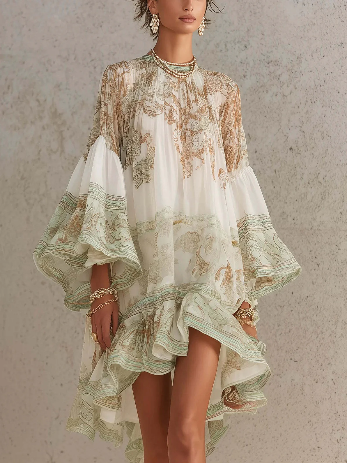 Ruffled, Vacation-style Loose-fitting, Flowy Short Dress