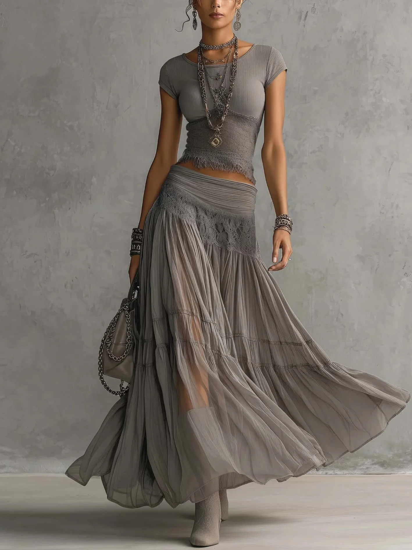 Gray Knit Top And Chiffon Long Skirt Set, Flowy Two-piece Set