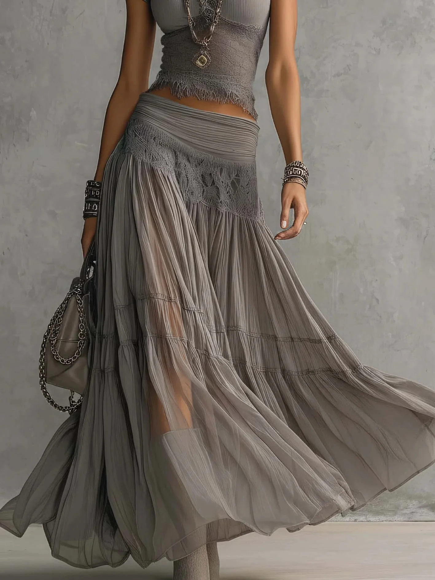 Gray Knit Top And Chiffon Long Skirt Set, Flowy Two-piece Set - Image 4