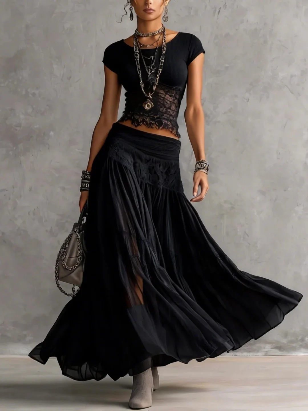 Gray Knit Top And Chiffon Long Skirt Set, Flowy Two-piece Set - Image 5