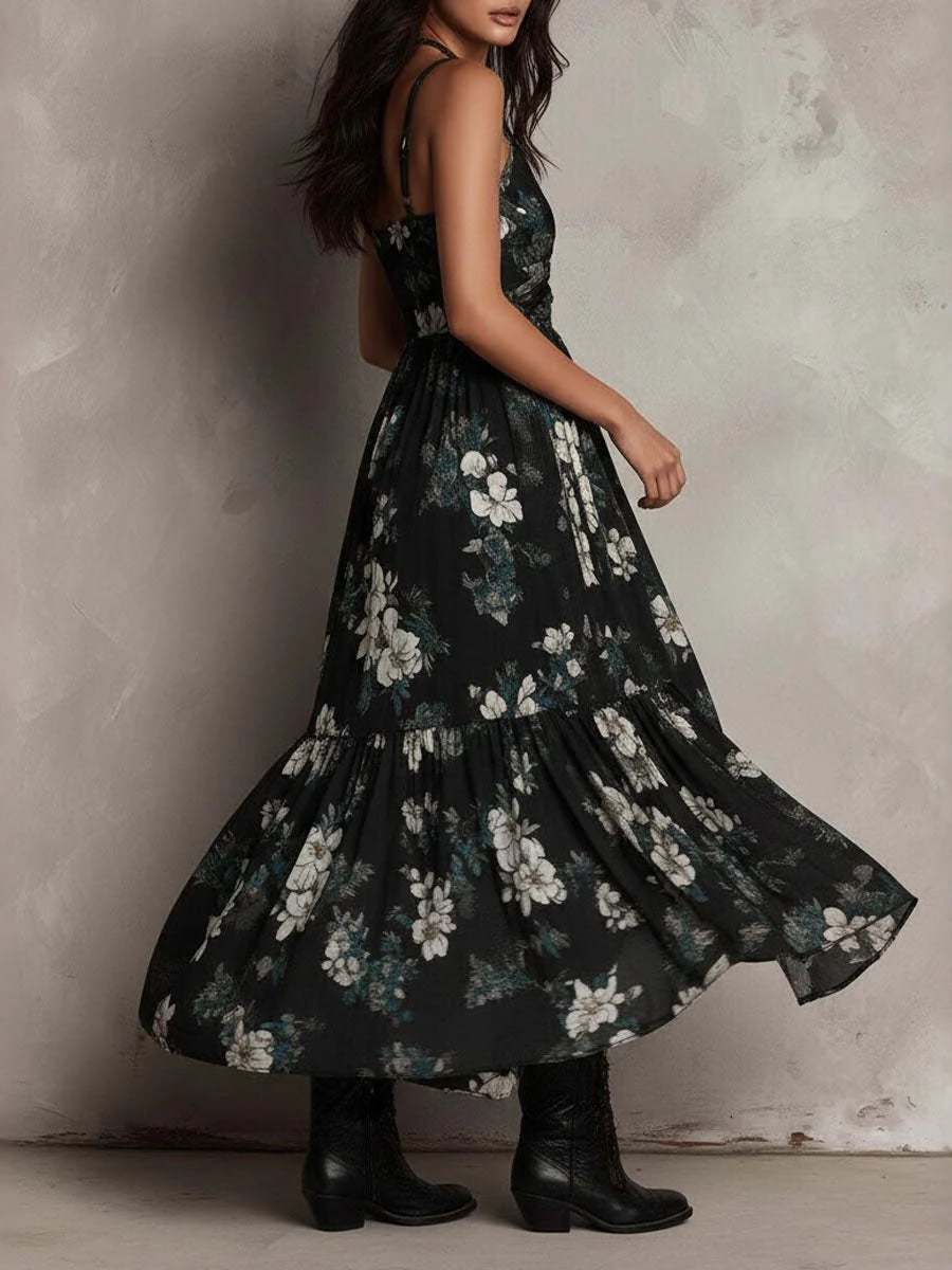 V-neck, Fitted Waist, High Slit, Spaghetti Strap Long Dress - Image 3