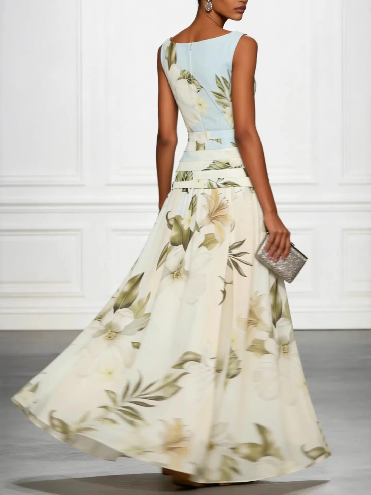 V-neck Retro Floral Print Sleeveless Backless Fitted Waist Long Dress - Image 2