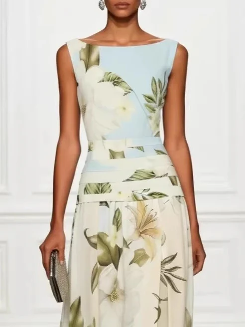 V-neck Retro Floral Print Sleeveless Backless Fitted Waist Long Dress - Image 3