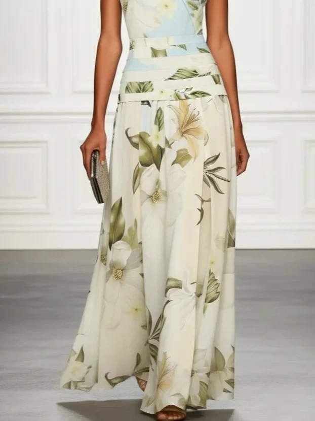 V-neck Retro Floral Print Sleeveless Backless Fitted Waist Long Dress - Image 4