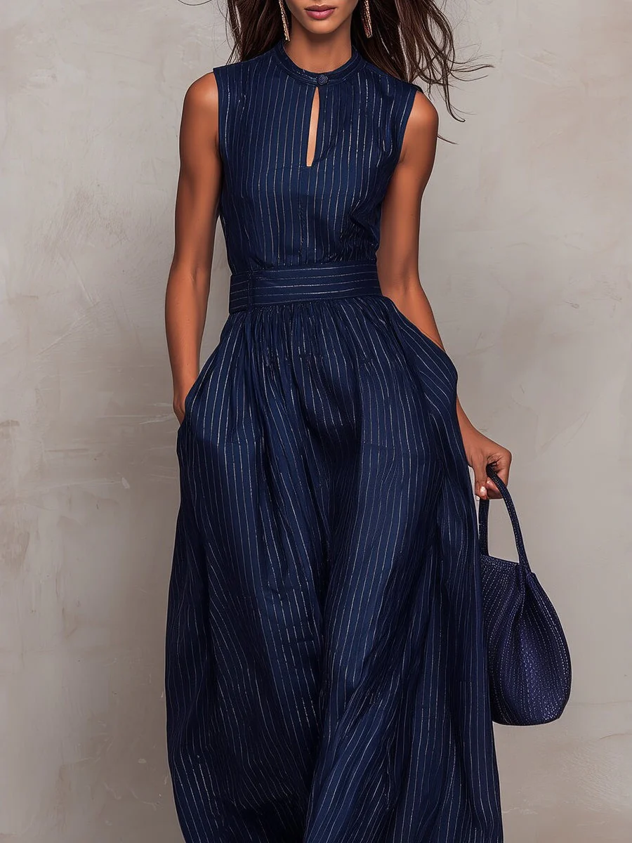 Dark Blue Striped Sleeveless Fitted Waist Wide-leg Jumpsuit - Image 3