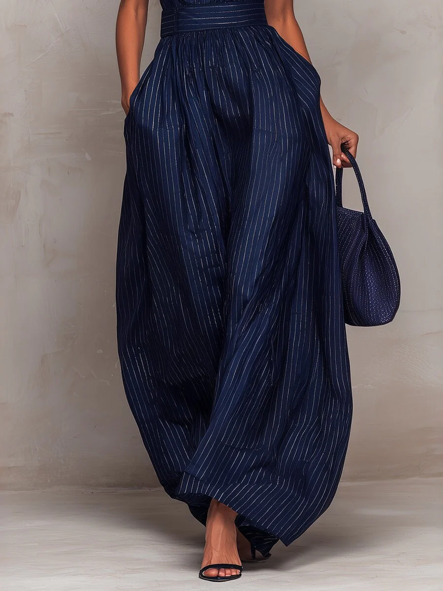 Dark Blue Striped Sleeveless Fitted Waist Wide-leg Jumpsuit - Image 4