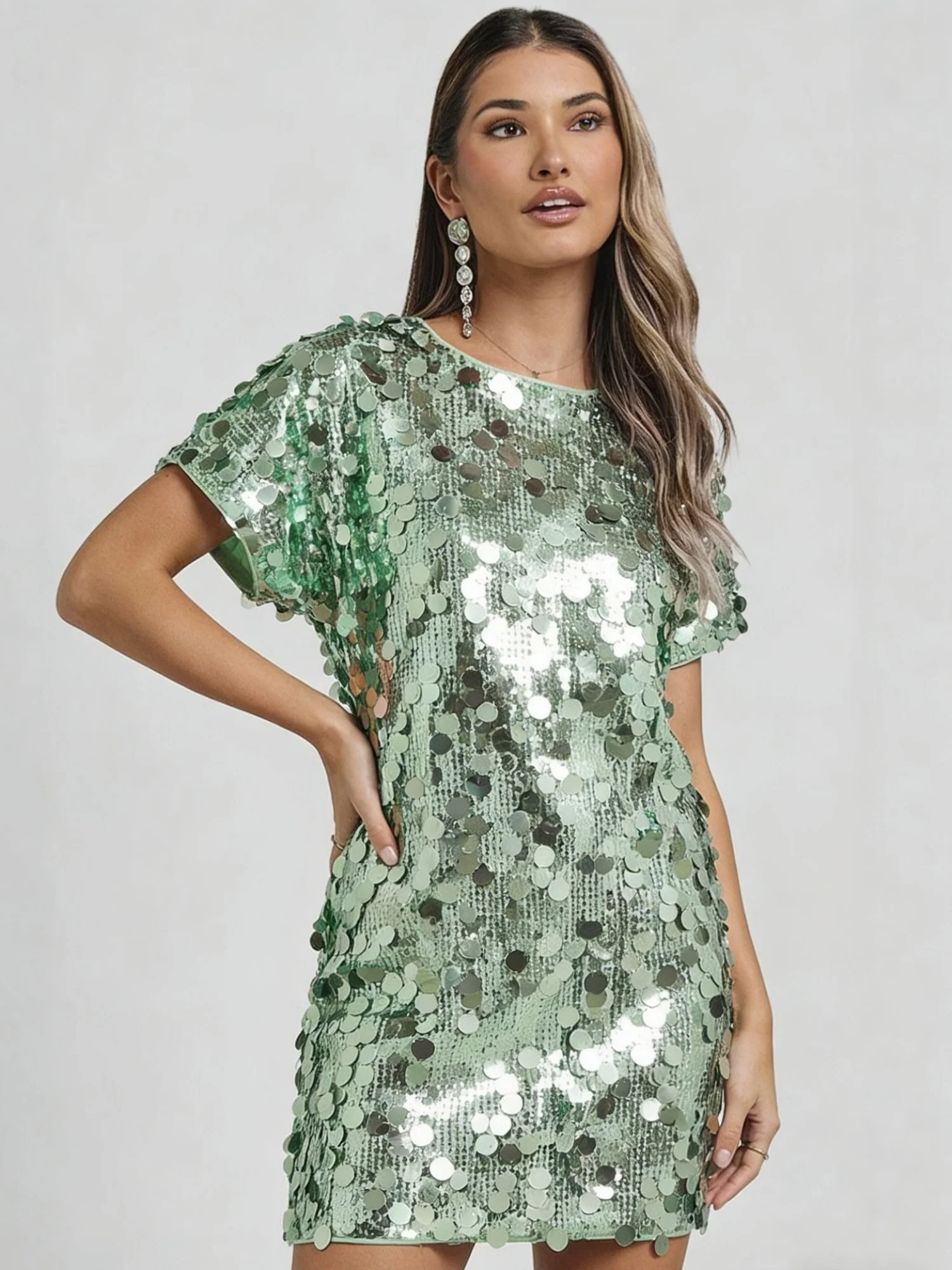 Sequins Crew Neck Short Sleeve Mini&Short Dresses