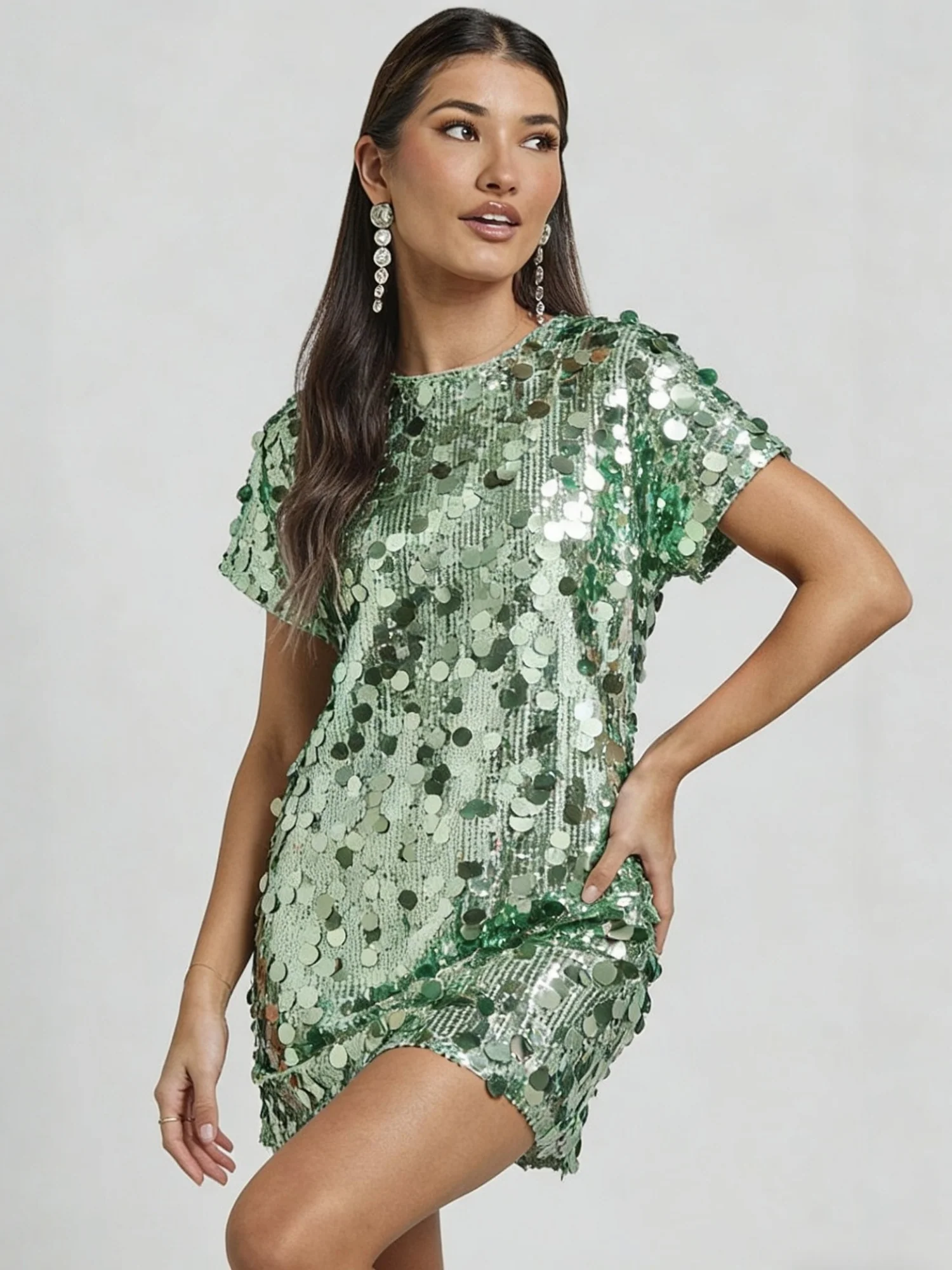 Sequins Crew Neck Short Sleeve Mini&Short Dresses - Image 2