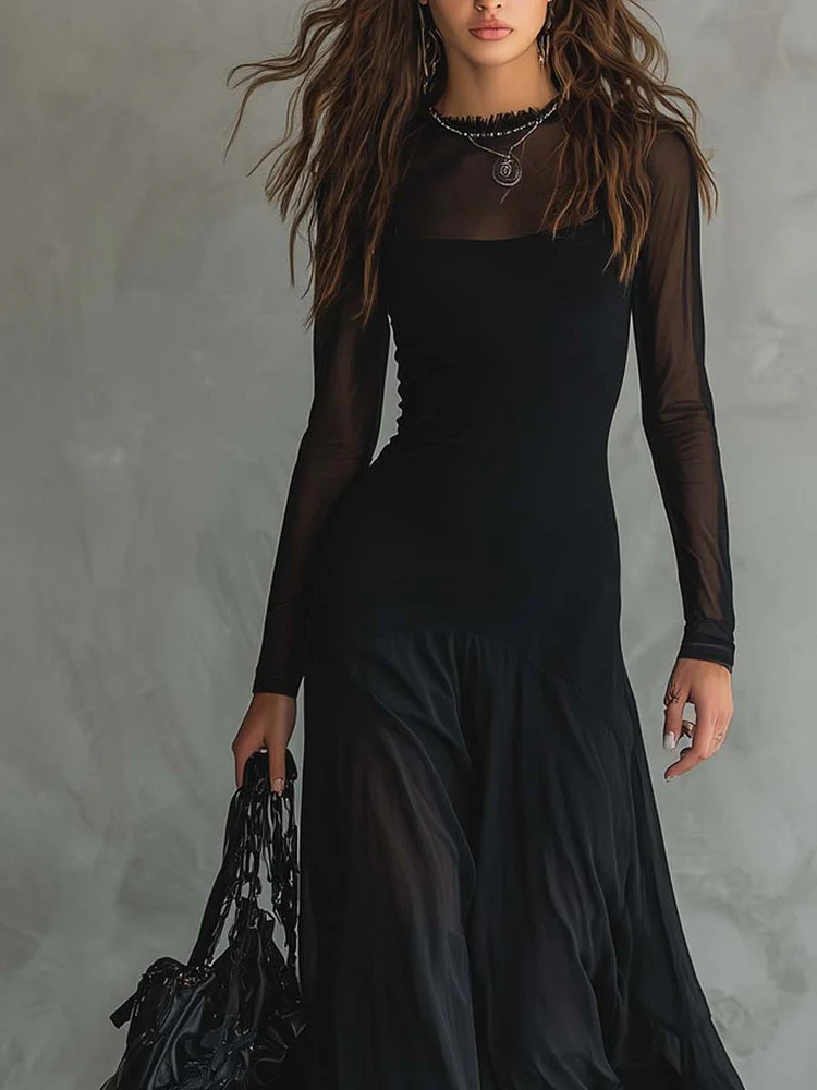 Black Long-sleeved Mesh-paneled Maxi Dress - Image 2