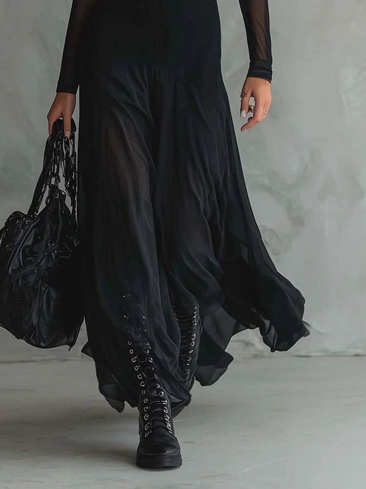 Black Long-sleeved Mesh-paneled Maxi Dress - Image 3