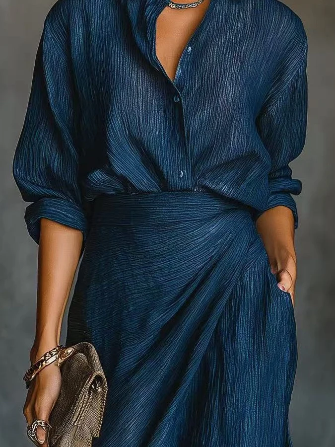 Solid Color Irregular Pleated Long Dress With Belt - Image 3