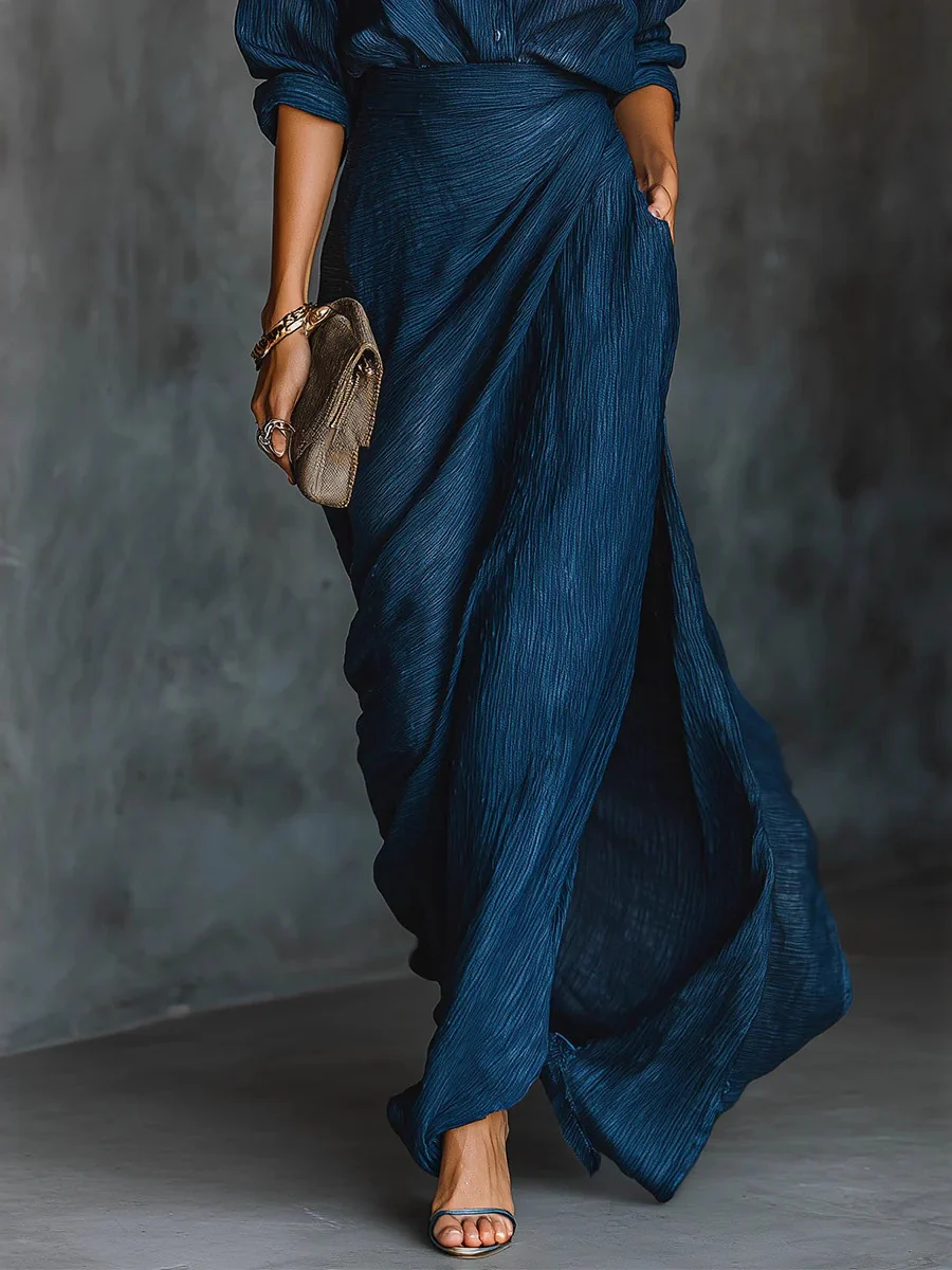 Solid Color Irregular Pleated Long Dress With Belt - Image 4
