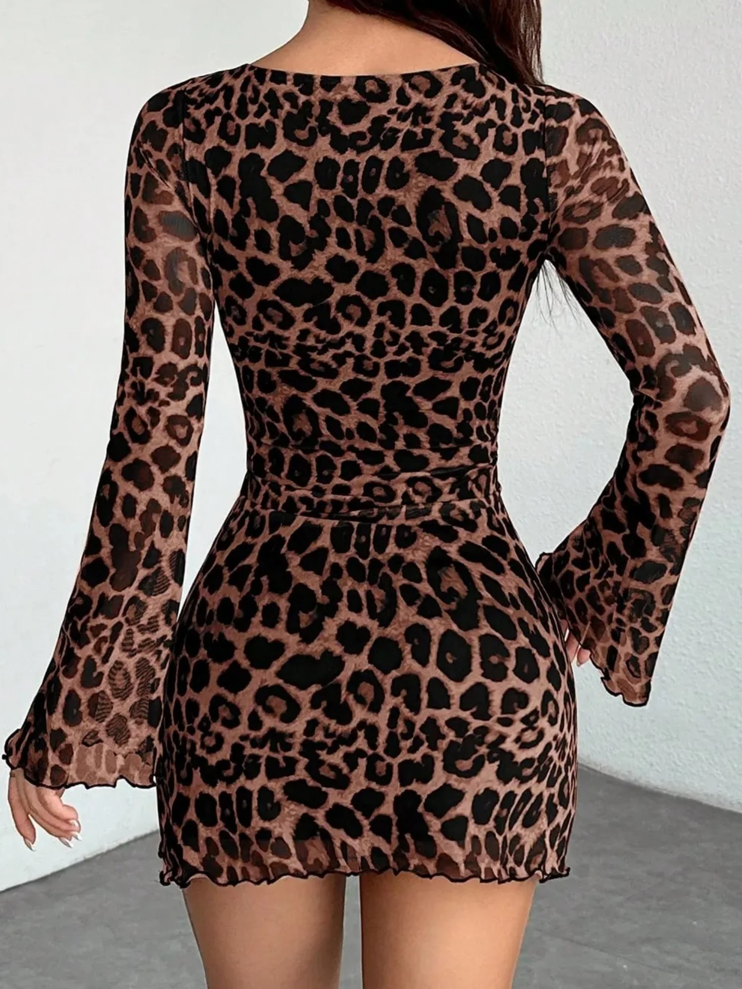 Leopard Print Mesh Slimming And Waist-cinching Long-sleeved Short Dress - Image 2
