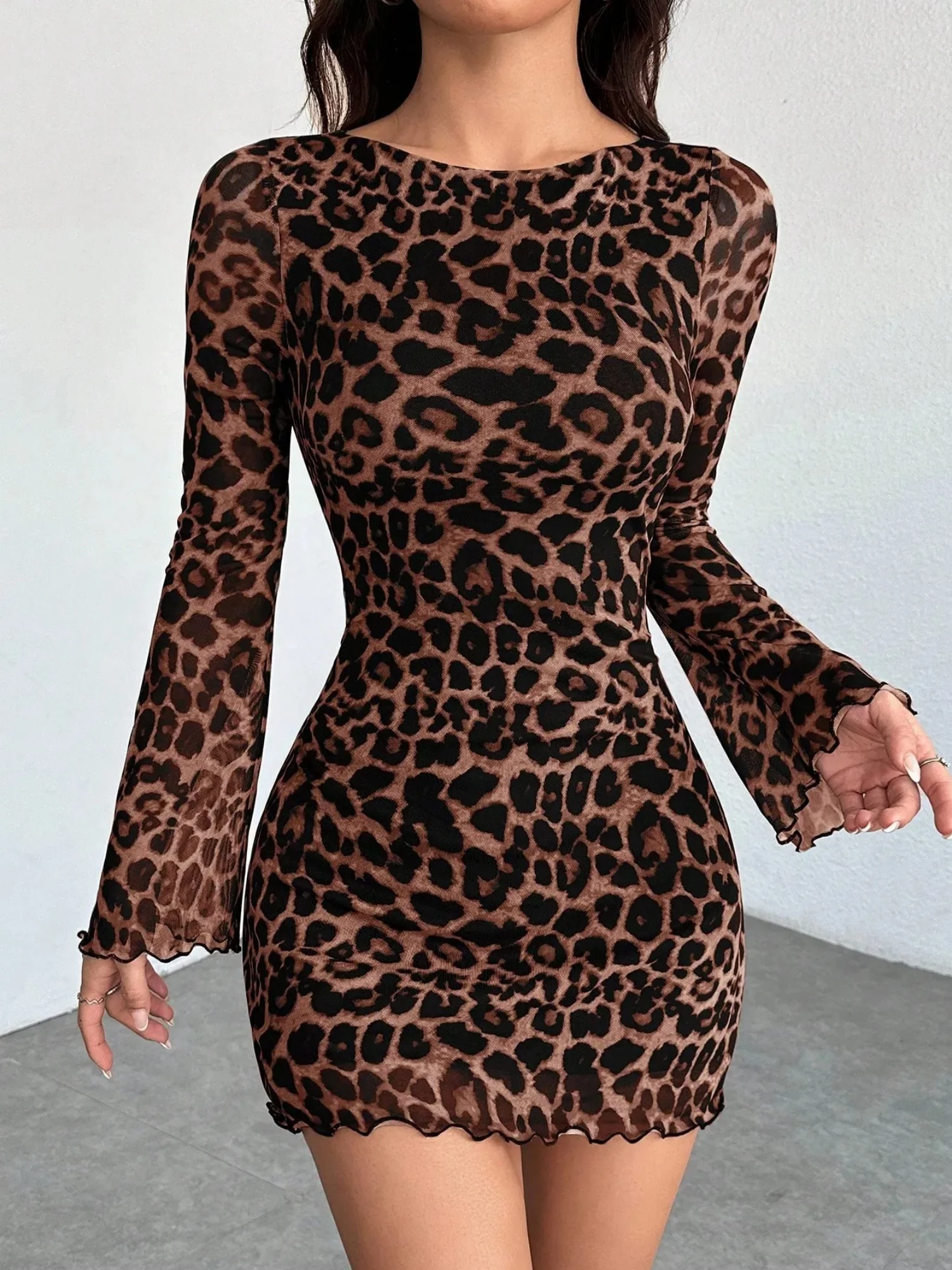 Leopard Print Mesh Slimming And Waist-cinching Long-sleeved Short Dress - Image 3