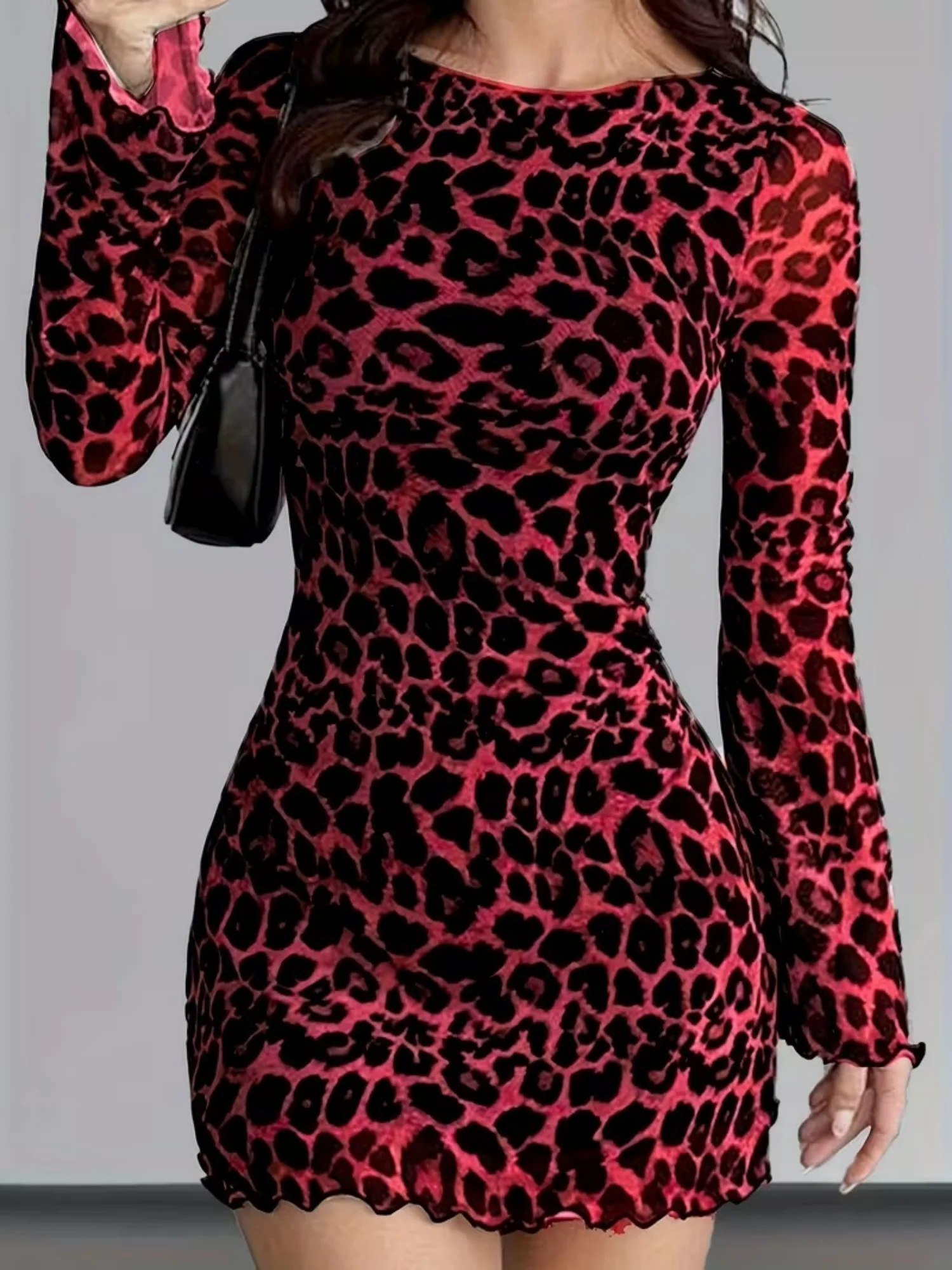 Leopard Print Mesh Slimming And Waist-cinching Long-sleeved Short Dress - Image 7