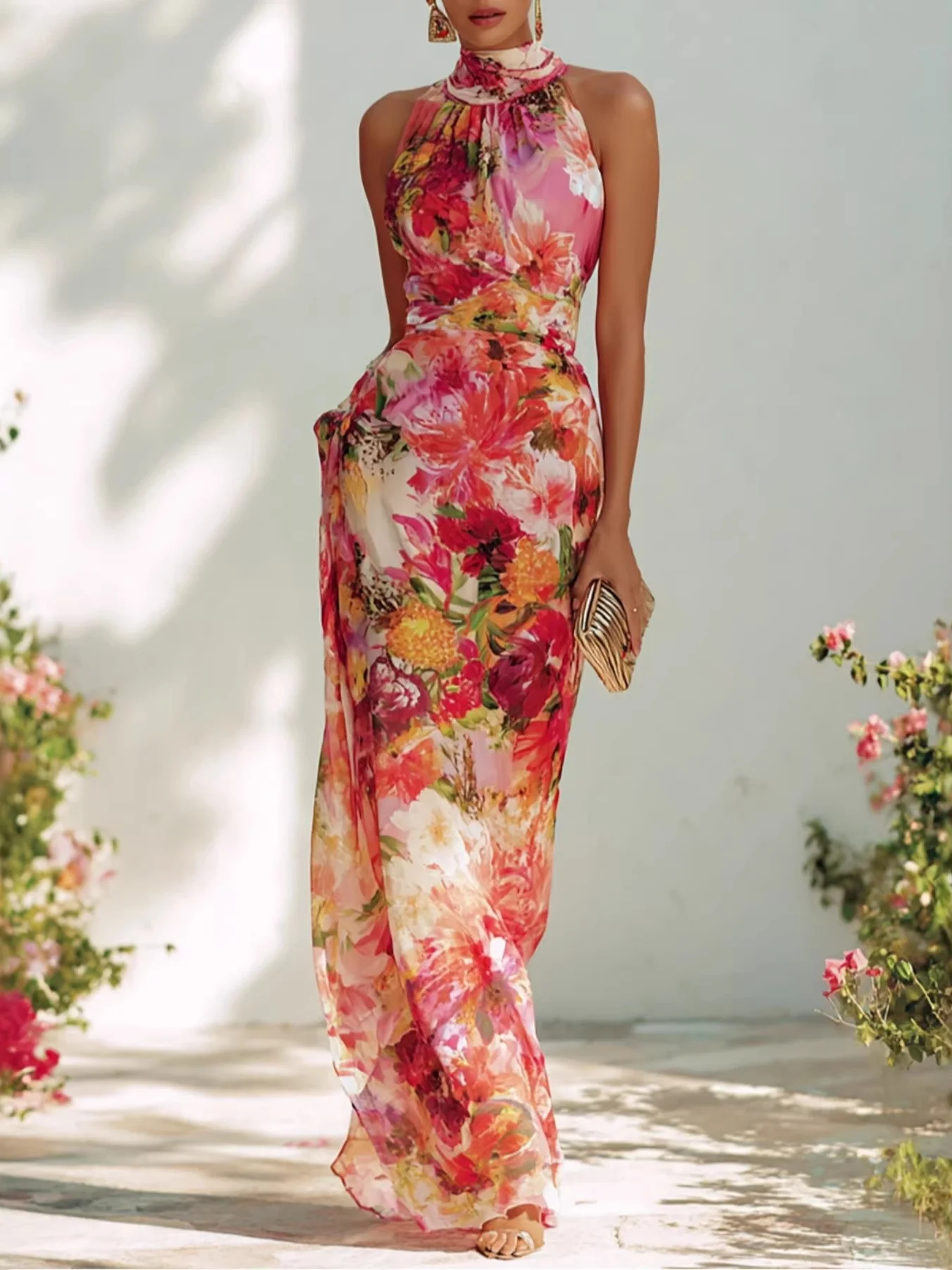 Elegant Floral Halter Neck Sleeveless Fitted Chiffon Long Dress