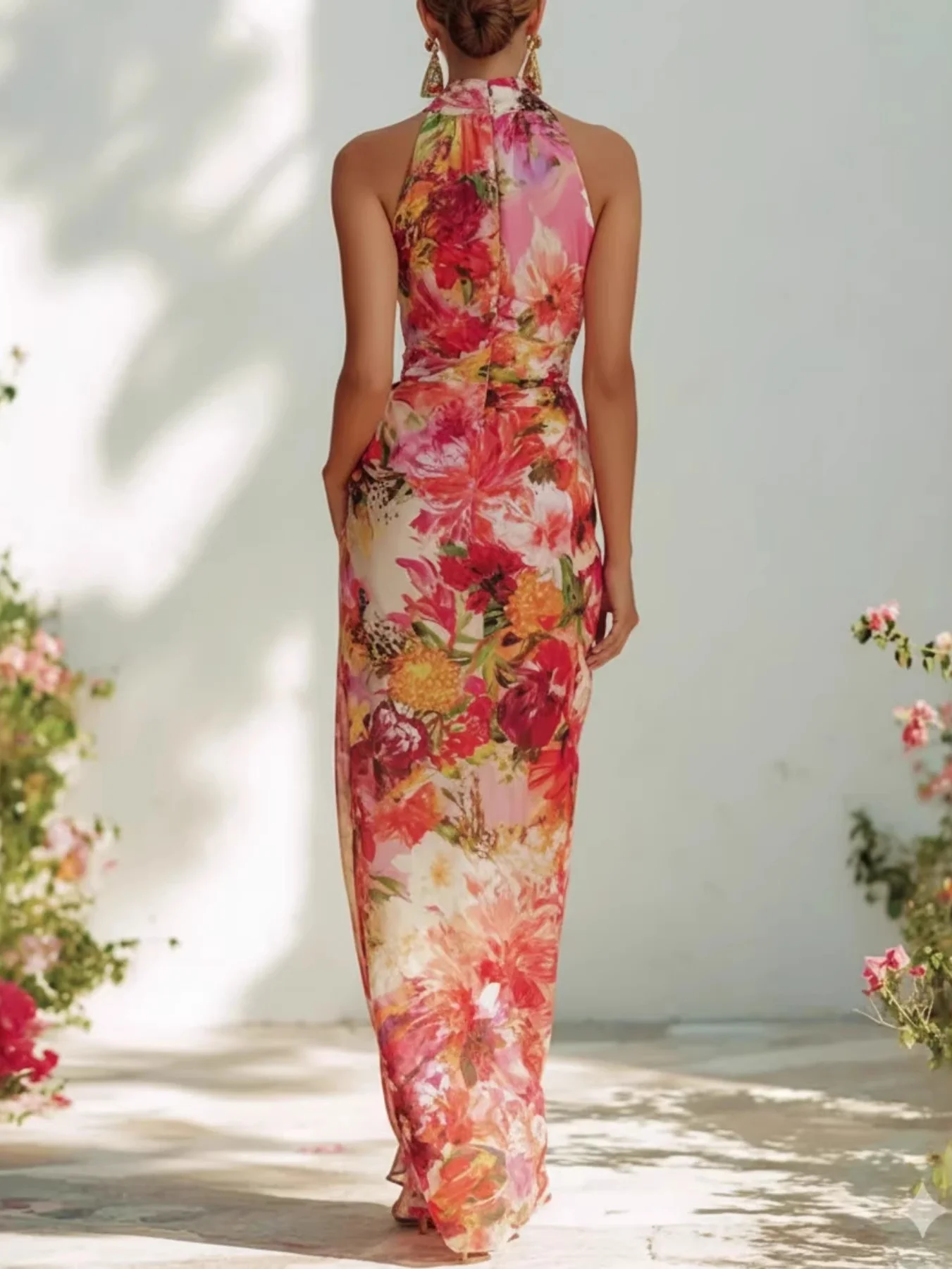 Elegant Floral Halter Neck Sleeveless Fitted Chiffon Long Dress - Image 2