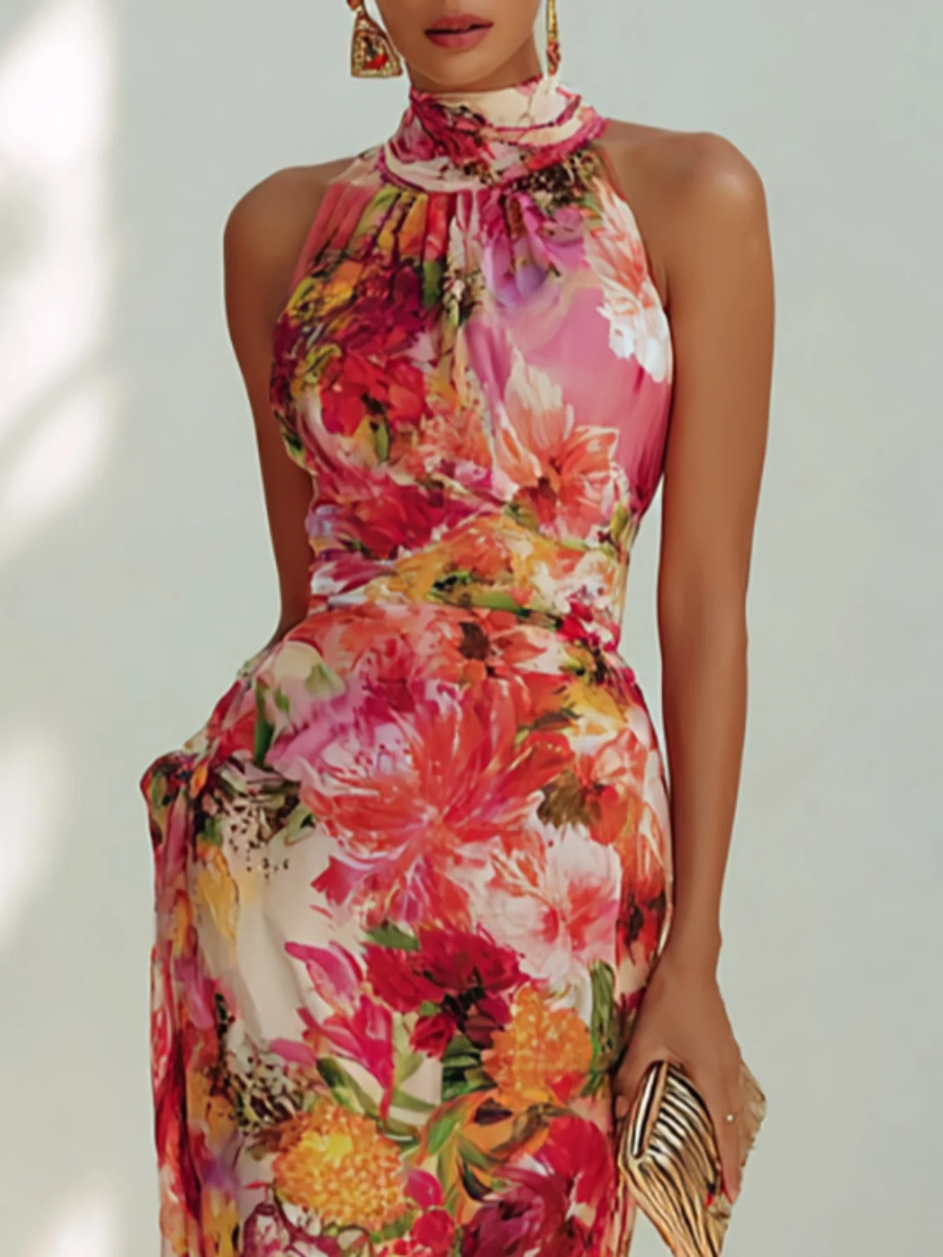 Elegant Floral Halter Neck Sleeveless Fitted Chiffon Long Dress - Image 3