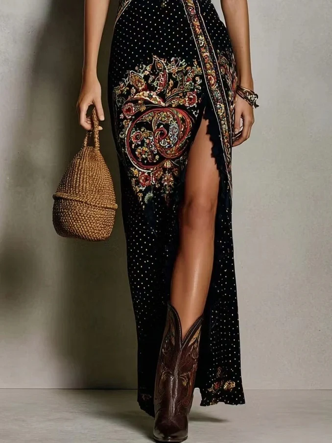 Digital Printing Sleeveless Vest With Ruffled Trim And Slit Long Dress - Image 3