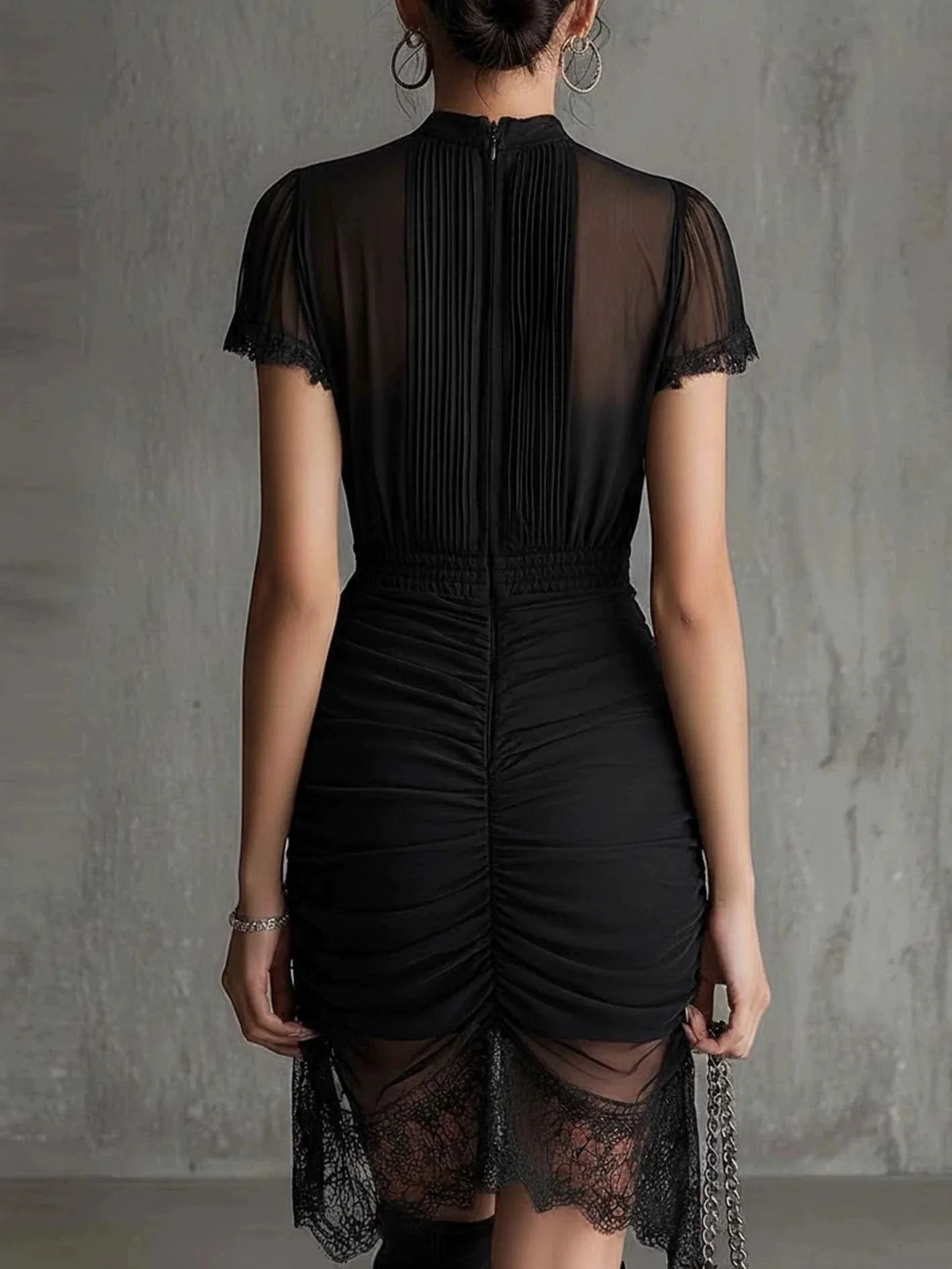 Black Sheer Lace-trimmed Slim-fitting High-slit Short Dress - Image 2