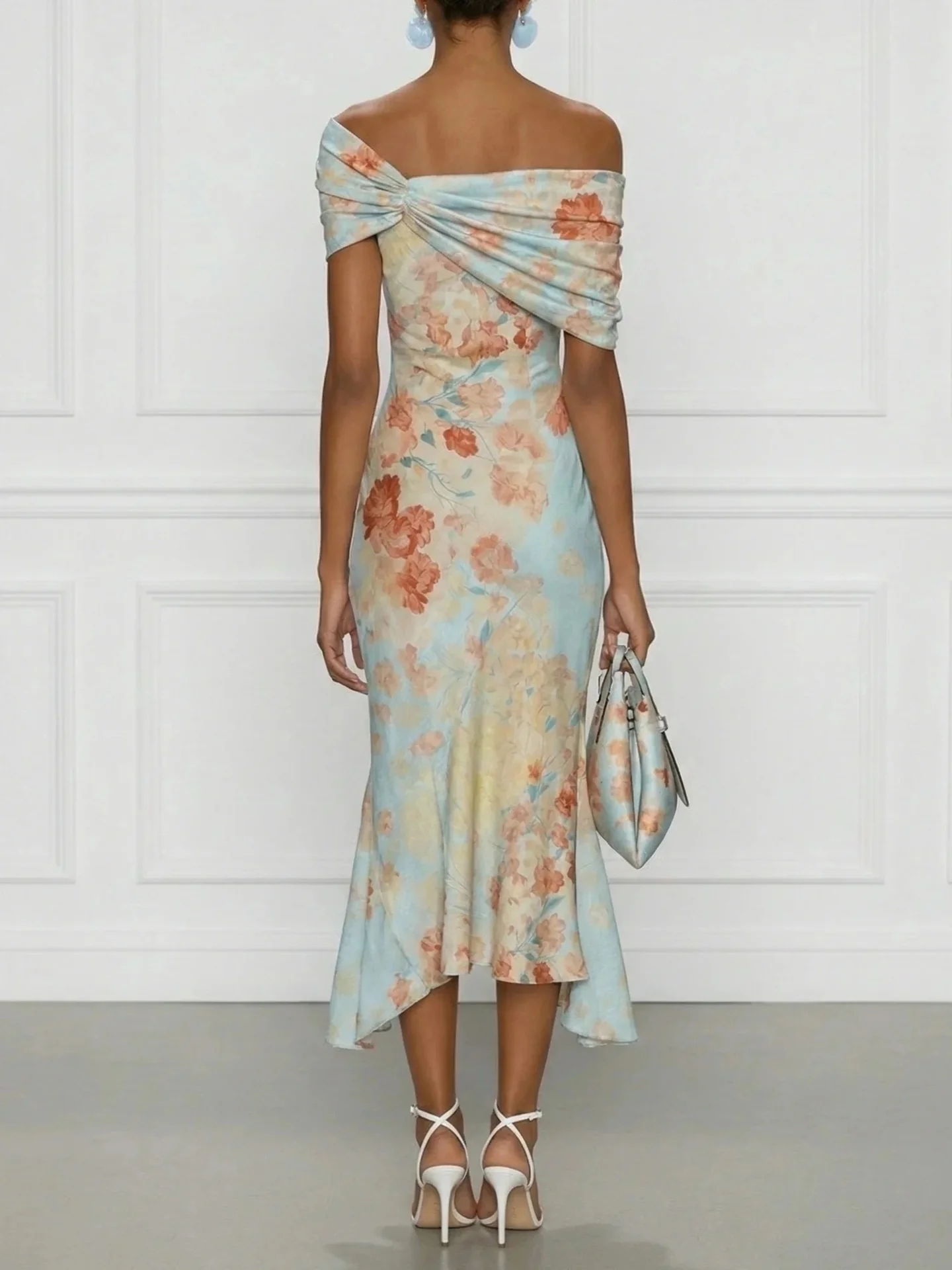 Floral Print Off-shoulder Short-sleeved Long Dress - Image 2