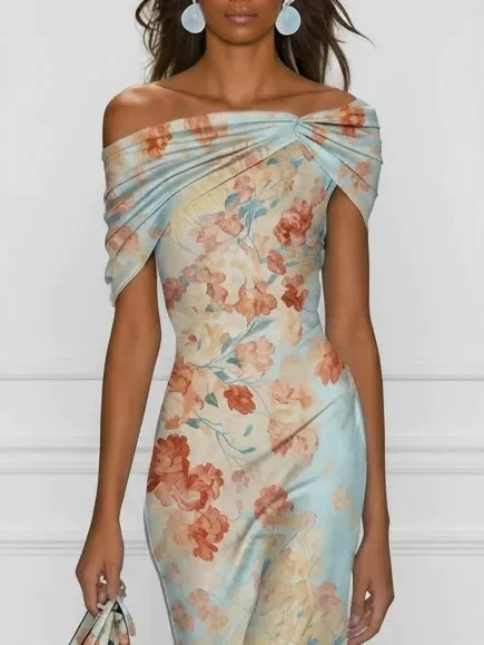 Floral Print Off-shoulder Short-sleeved Long Dress - Image 3