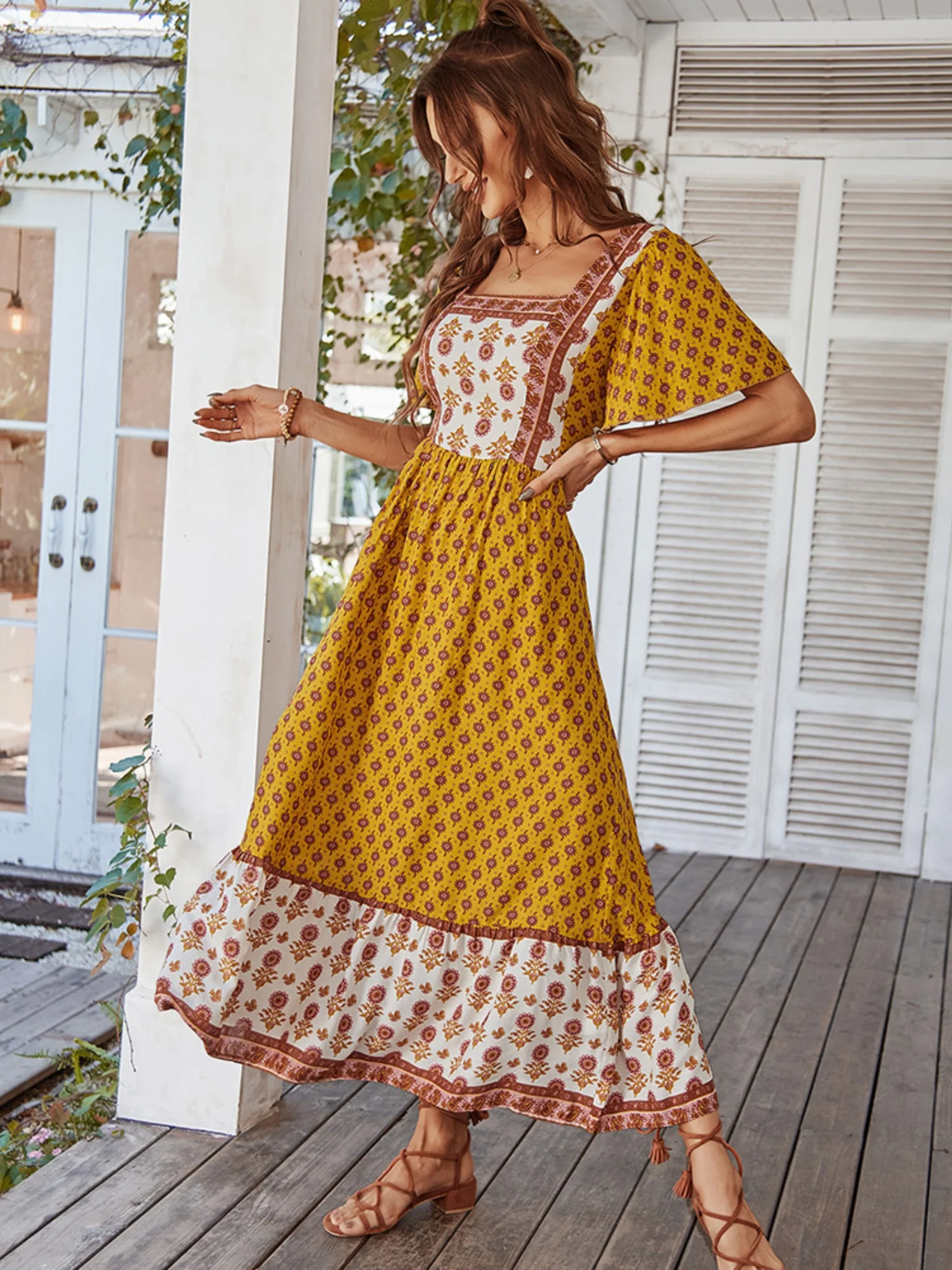 Printed Color-blocked Square Neck Short Sleeve Maxi Dresses - Image 10