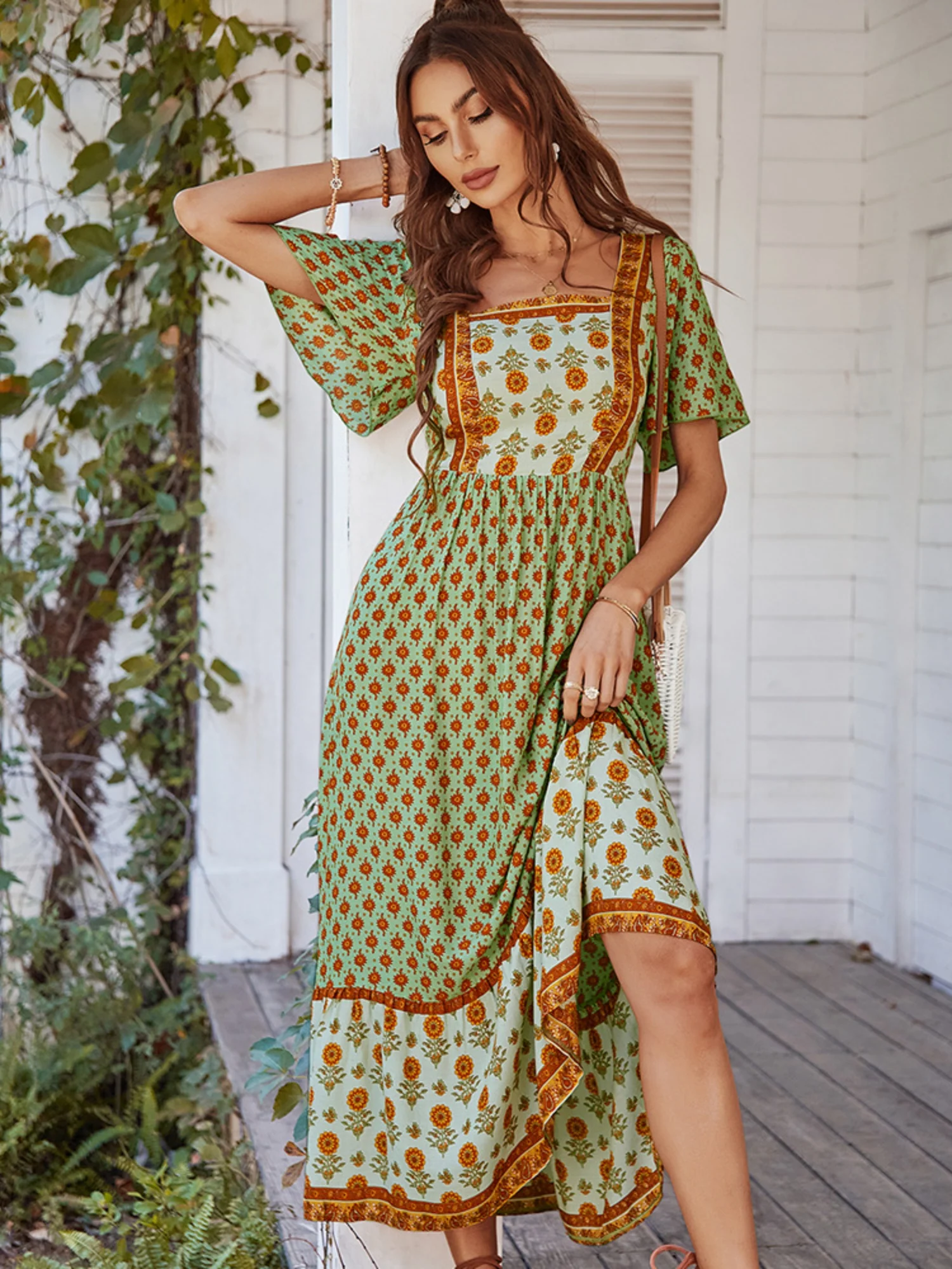 Printed Color-blocked Square Neck Short Sleeve Maxi Dresses - Image 11