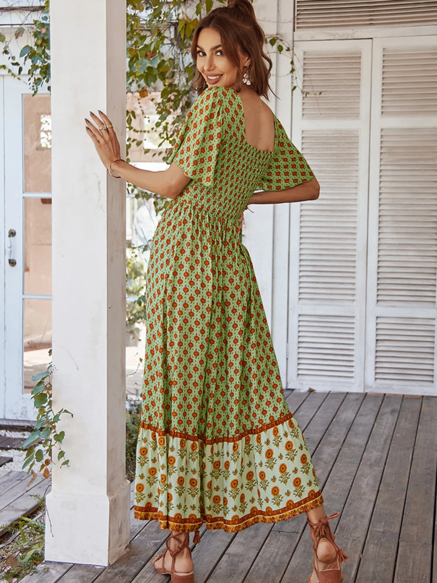 Printed Color-blocked Square Neck Short Sleeve Maxi Dresses - Image 12