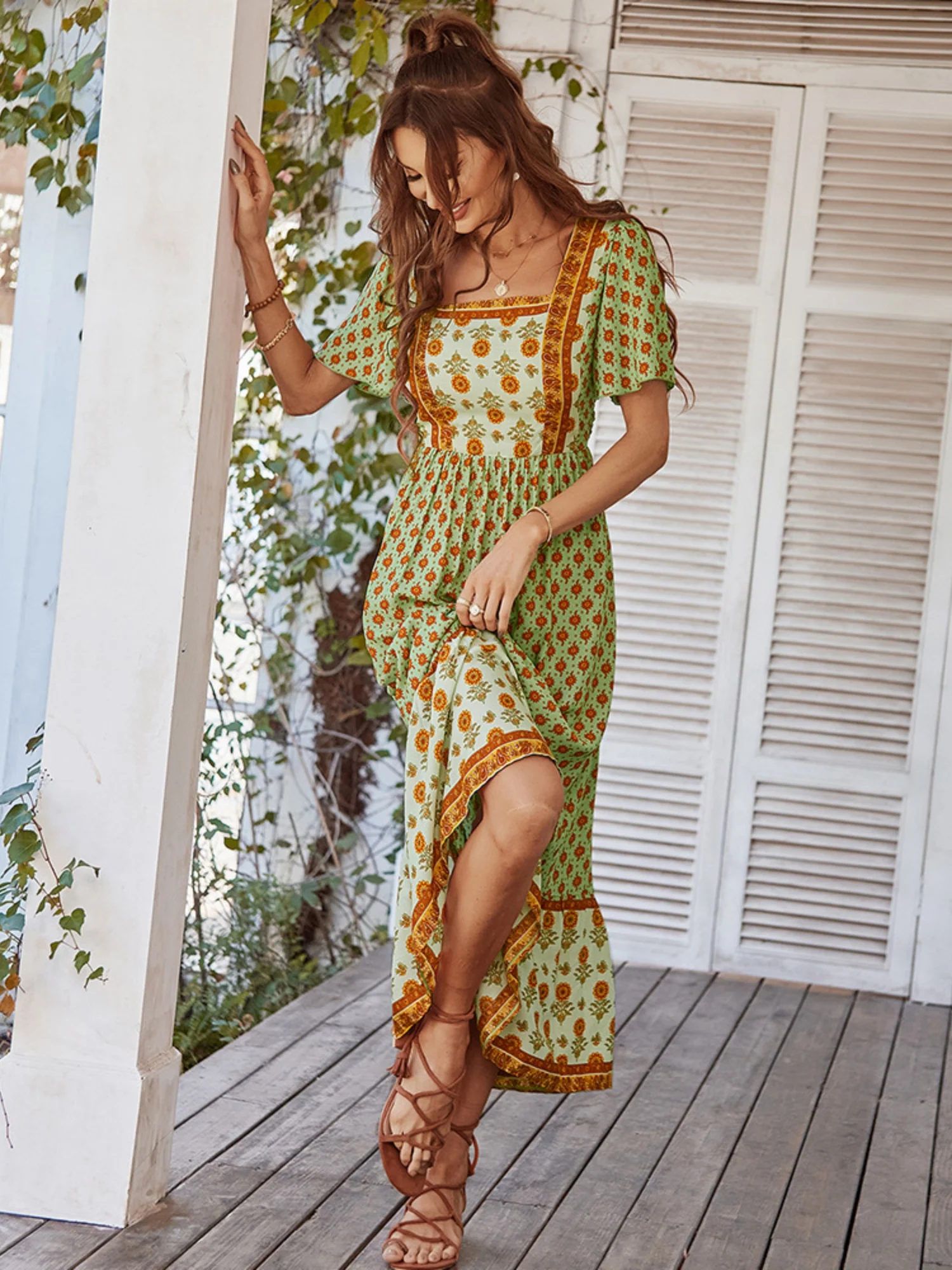 Printed Color-blocked Square Neck Short Sleeve Maxi Dresses - Image 13