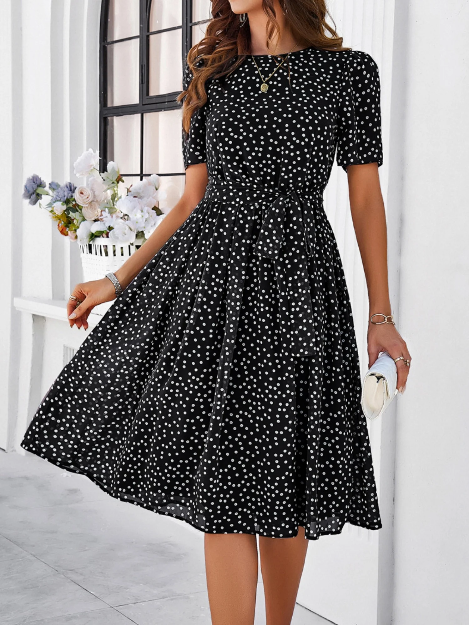 Polka Dots Crew Neck Waist Tie Short Sleeves Maxi Dresses - Image 10