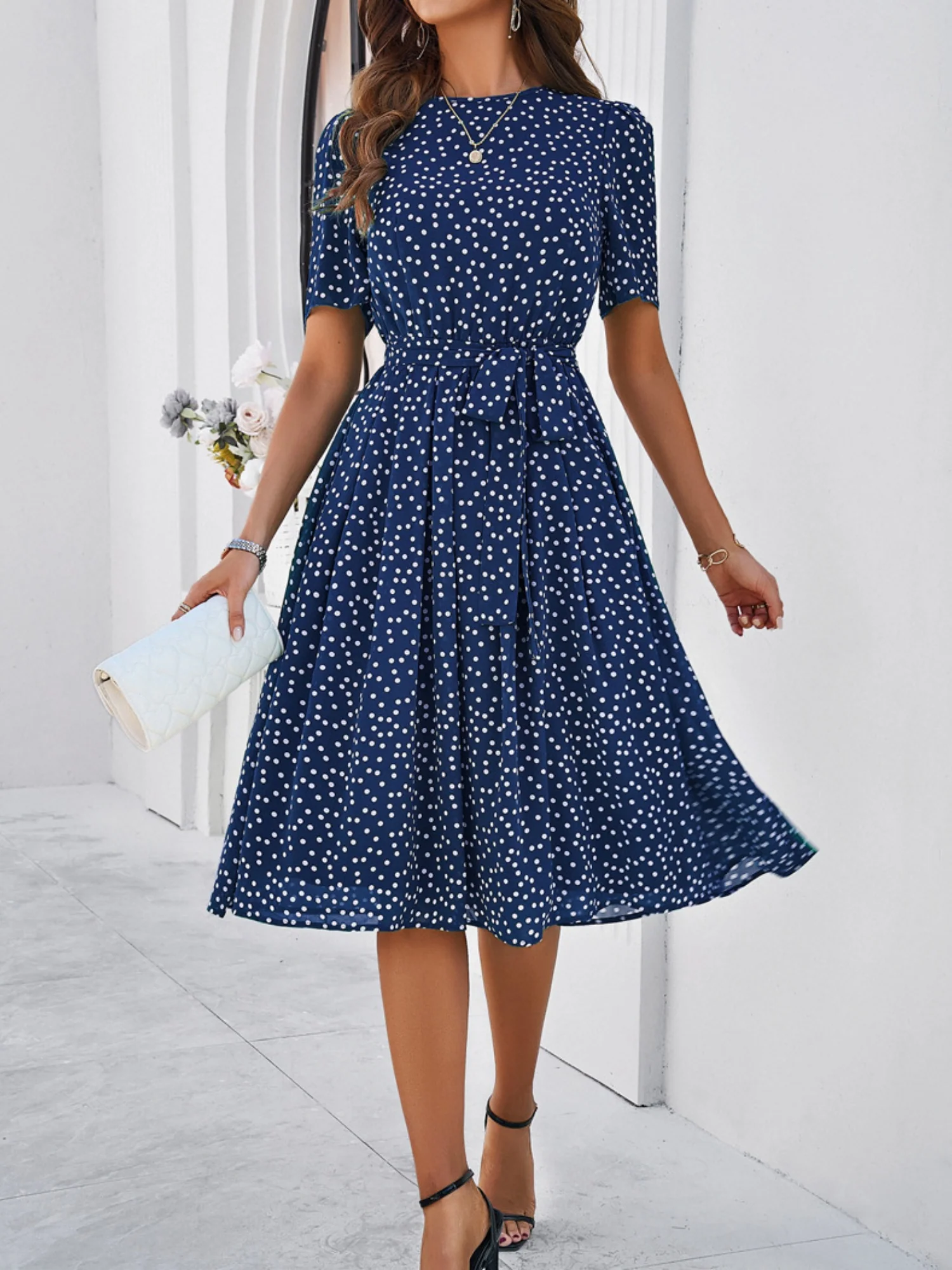 Polka Dots Crew Neck Waist Tie Short Sleeves Maxi Dresses - Image 3