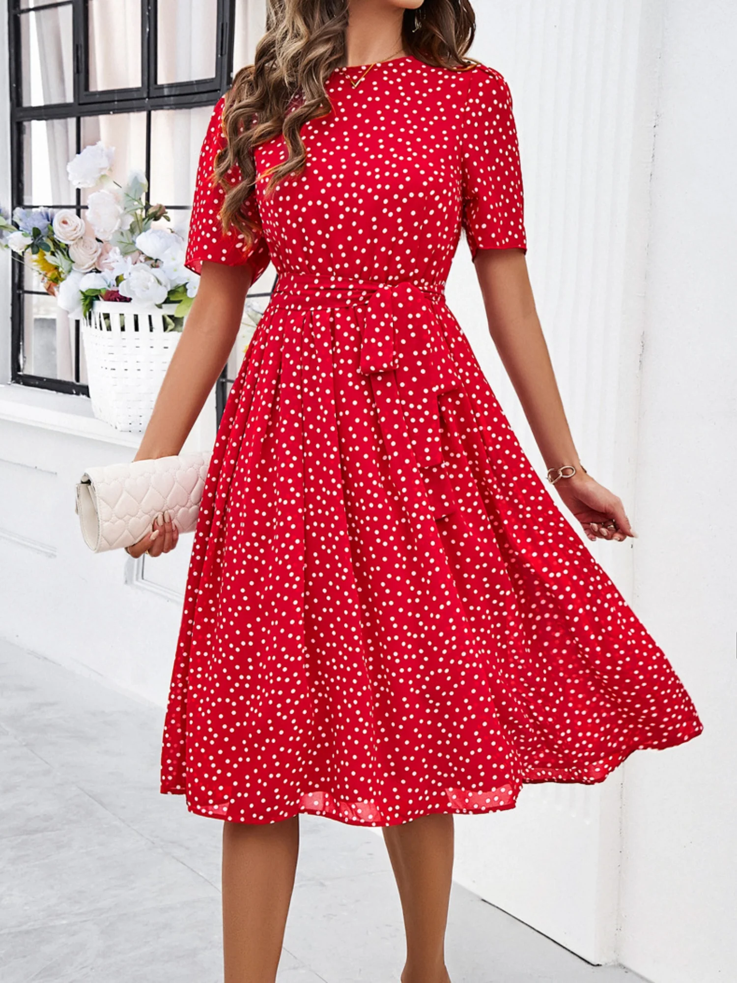 Polka Dots Crew Neck Waist Tie Short Sleeves Maxi Dresses - Image 6