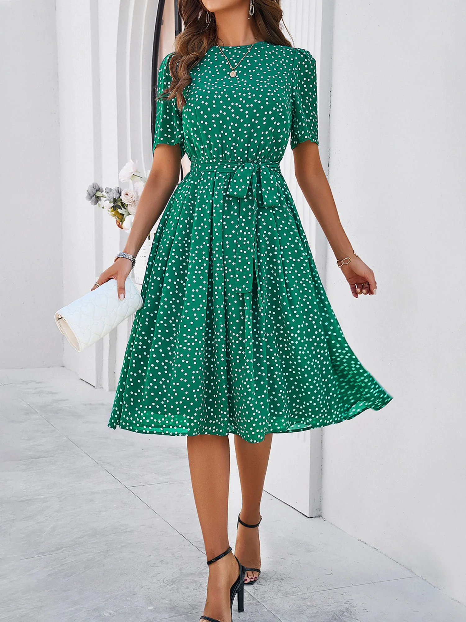 Polka Dots Crew Neck Waist Tie Short Sleeves Maxi Dresses - Image 7