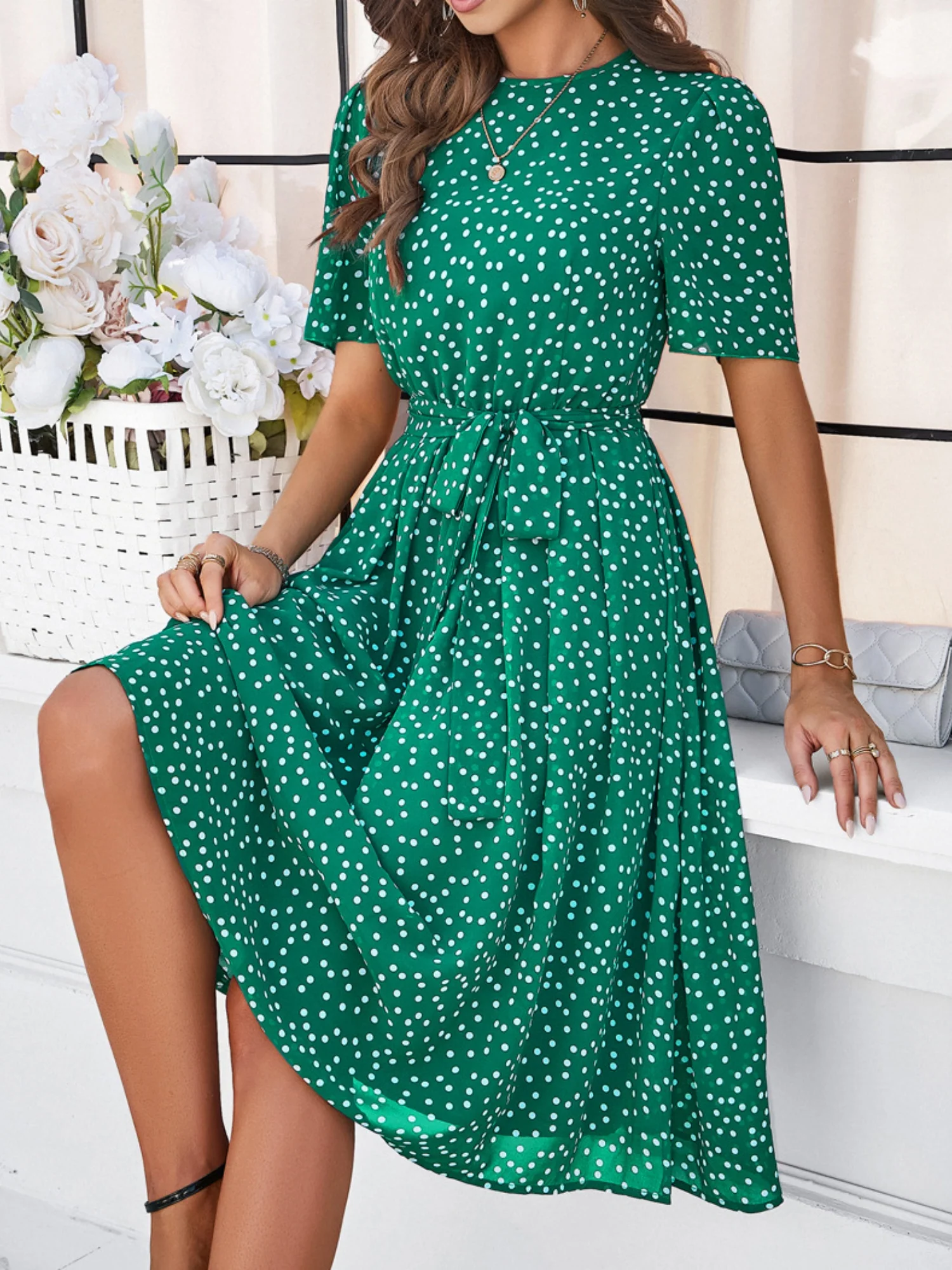 Polka Dots Crew Neck Waist Tie Short Sleeves Maxi Dresses - Image 8