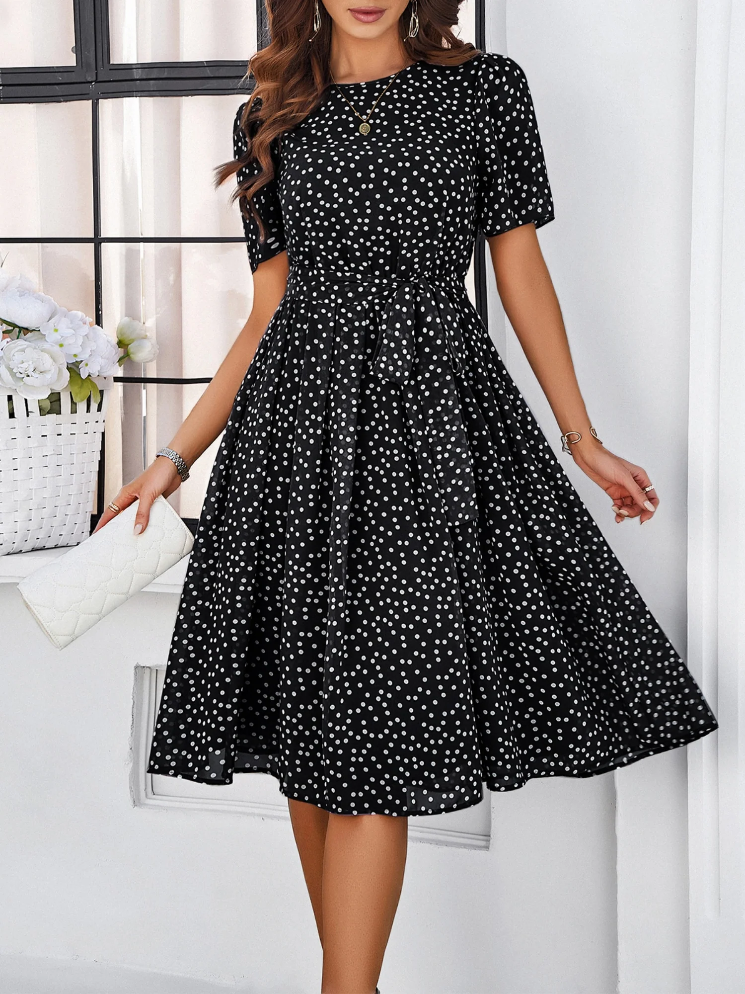 Polka Dots Crew Neck Waist Tie Short Sleeves Maxi Dresses - Image 9